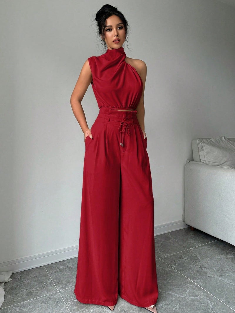 OUTZIDR Red Asymmetrical High Neck Top with Wide Straight Pant Co-Ord Set - Image 4